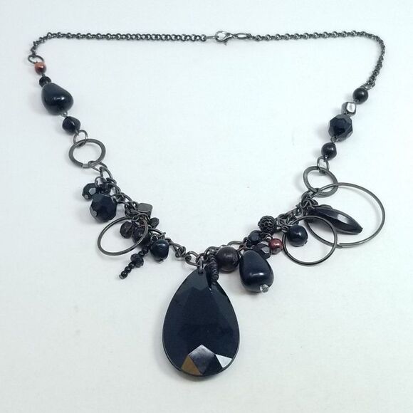 Vintage Black Beaded Chain Necklace, Drop Shape Pendant, Statment Moody Estate - Picture 5 of 5